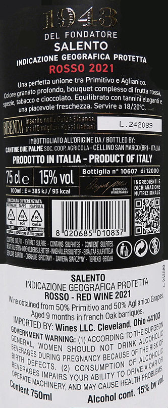 1943 Salentino Rosso 2021 by Due Palme in Puglia label