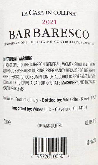 Barbaresco 2021 La Casa in Collina by Vite Colte in Piedmont label