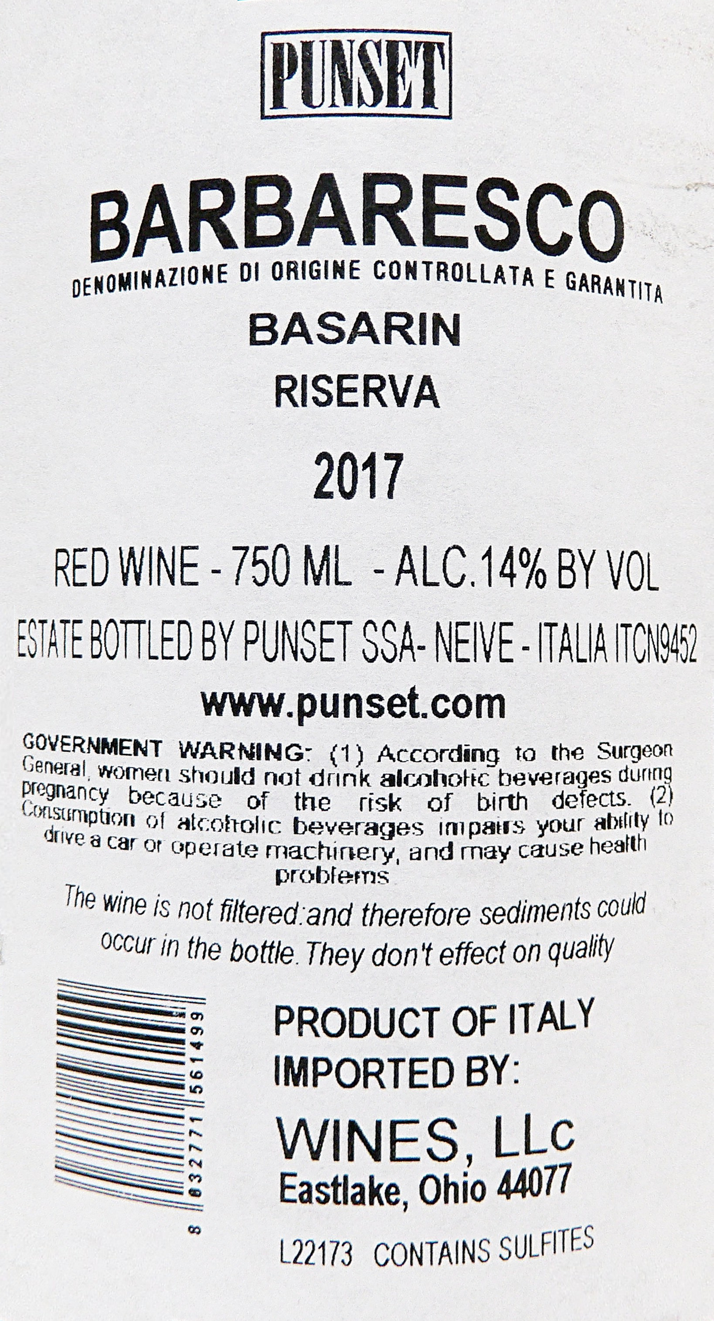 Barbaresco Riserva, Basarin 2017 by Punset label