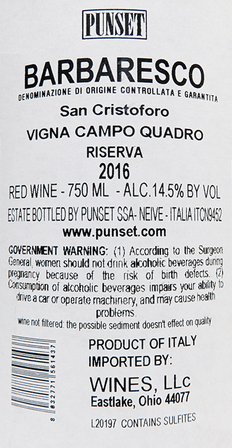 Barbaresco  Riserva, Campo Quadro 2016  DOCG Punset label