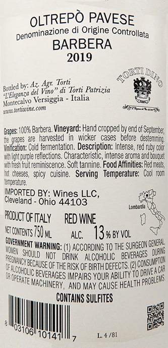 Barbera DOC, 2019, by the Torti Winery in Lombardia,Italy label