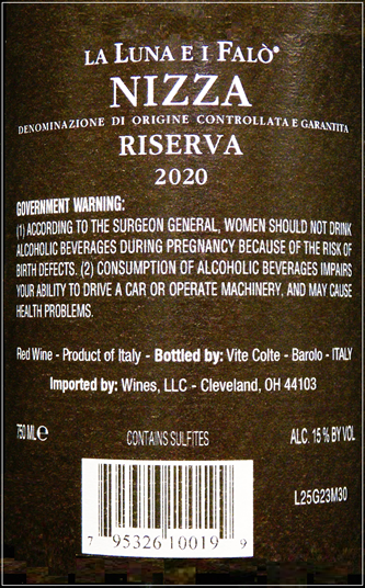 Barbera Nizza Riserva  DOCG, 2020 by Vite Colte, 92 JS label
