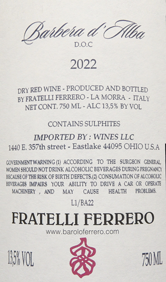 Barbera D' Alba 2022 Fratelli Ferrero label