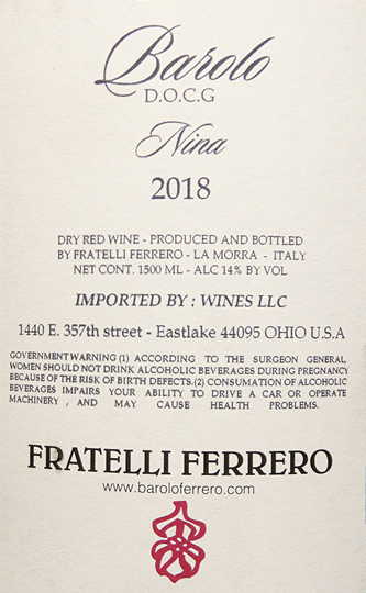 Barolo Nina Magnum 2018 by Fratelli Ferrero - Magnum label