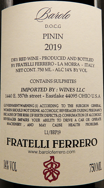 Barolo Panin, 2019 By Ferrero in La Morra lable