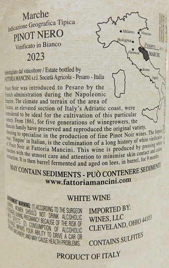 Blanc de Pinot Noir, Impero, 2023, By Mancini in Le Marche label