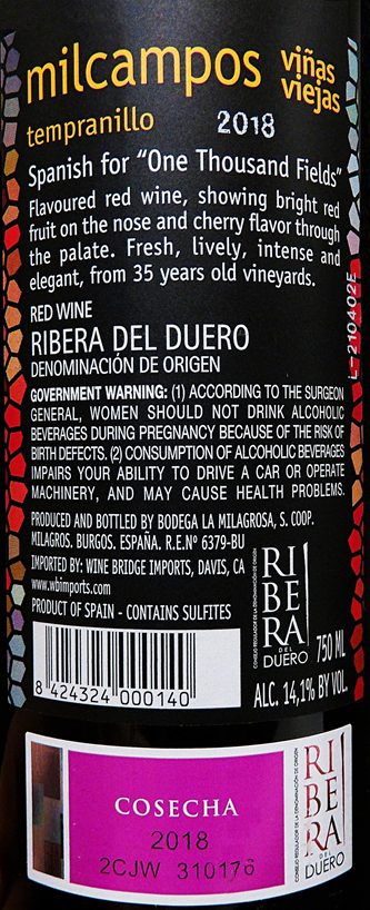 Bodega la Milagrosa Milcampos Tempranillo, Ribera del Duero, Spain 2018 label
