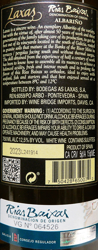Bodegas As Laxas, Rias Baixas, Spain 2021 94 pts Decanter label
