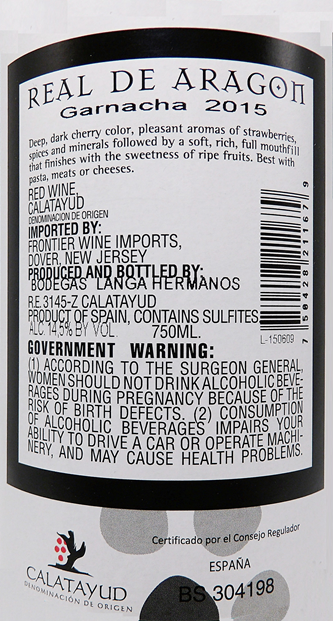 Bodegas Langa Real de Aragon Garnacha, Calatayud 2015 label