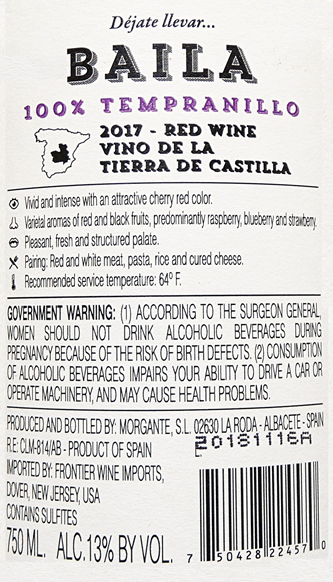 Bodegas Morgante Baila Tempranillo 2018 label