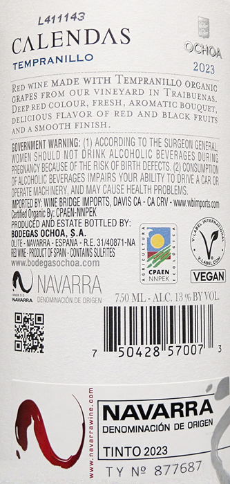 Bodegas Ochoa Calendas Tinto, Navarra, Spain 2023 label