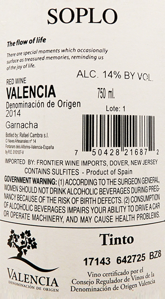 Bodegas Rafael Cambra Soplo 2014, Valencia label