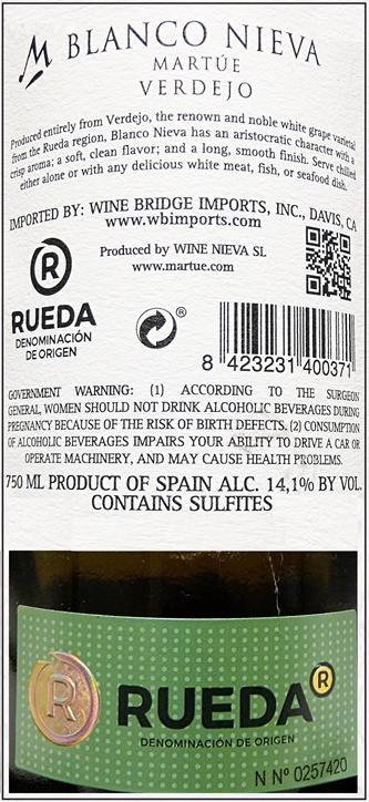 Bodegas Vinedos de Nieva 'Blanco Nieva' Verdejo, Rueda, Spain 2020 label
