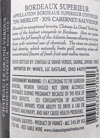 Bordeaux Superieur 2020 by Château Le Grand Verdus label