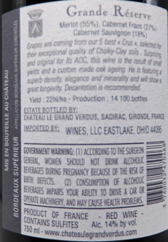 Bordeaux Superieur Grande Reserve, 2018 by Château Le Grand Verdus label