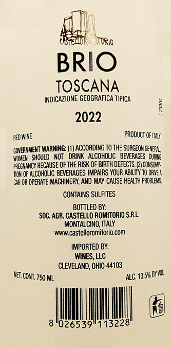 Brio Toscano Rosso, 2022, Castello Romitorio label