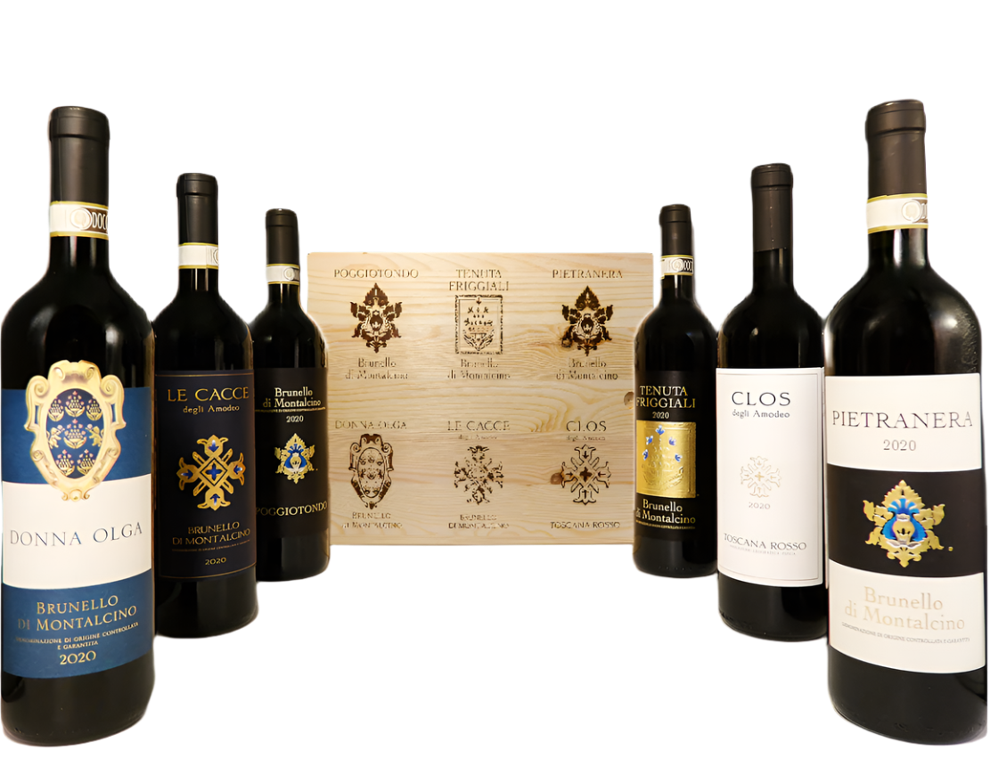 Brunello di Montalcino 5 Bottles and 1 Super Tuscan, 2020 in Wooden Box by Donna Olga Peluso