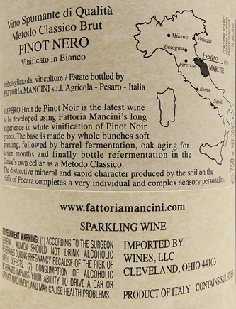 Brut de Pinot Noir, Impero, 2021, By Mancini in Le Marche label