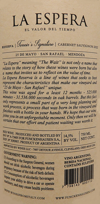 Cabernet Sauvignon, Reserva Terrior's Signature 2022 La Espera Mendoza Argentina label