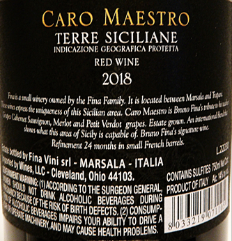 Caro Maestro, 2018 Bordeaux Blend by Fina Winery in Western Sicily label