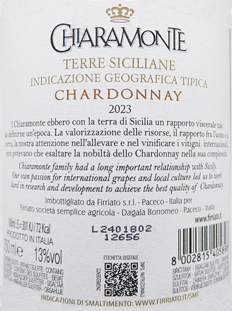 Chardonnay Chiaramonte DOC 2023 by Firriato Sicily label