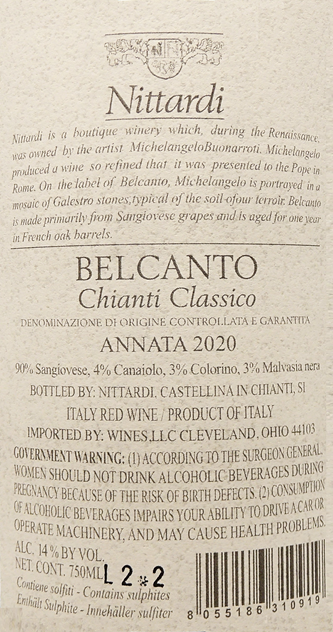 Chianti Classico, 2020 Belcanto by Nittardi, 92 Pts JS label