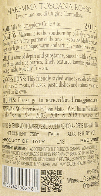 Colle Alto, 2016 Igt Tuscan Blend  by Villa Vallemaggiore label