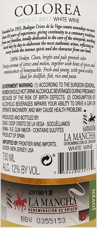 Colorea Verdejo, La Mancha, Spain 2017 label