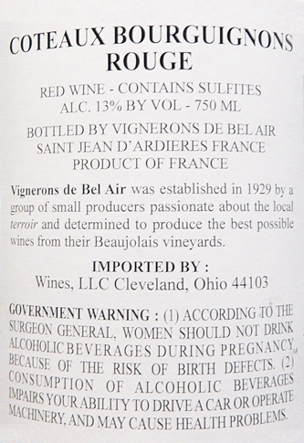 Coteaux Bourguignons, 2022  Rouge Grande Cadole by Vignerons de Bel Air label