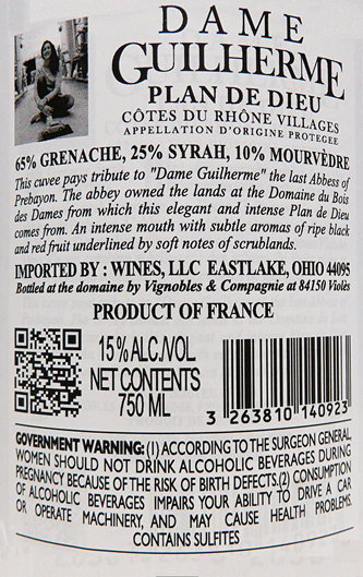 Cotes du Rhones Villages, 2018 Paln de Dieu by Domaine Dame Guilherme label