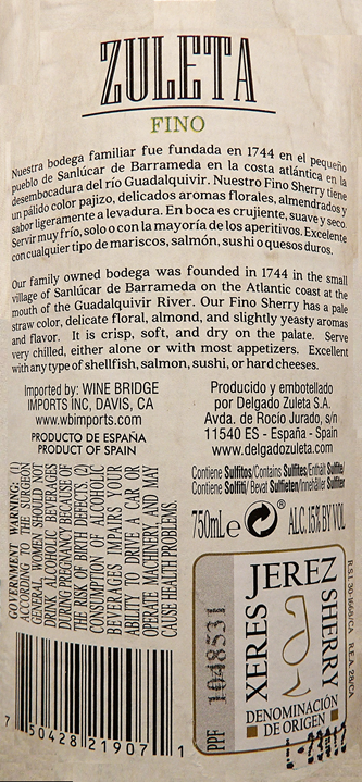 Delgado Dry Fino Sherry, Jerez, Xeres, Spain label