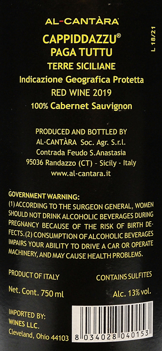 Etna Cabernet Sauvignon 2019 by Al Cantara Winery, Cappiddazzu Paga Tuttu, Sicily, Italy label