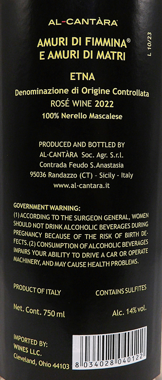 Etna Rose' 2023, Amuri di fimmina e Amuri di matri, By Al Cantara, Sicily, Italy label