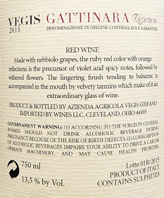 Gattinara  Riserva  2015 By Vegis label