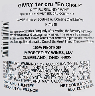 Givry Rouge 1st Cru En Chue 2022 by Domaine Chofflet, Burgundy, France label