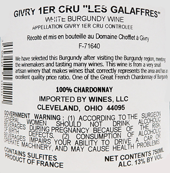 Givry, Blanc 2022 1st Cru Led Galaffres Chofflet by Domaine Chofflet, Burgundy, France label