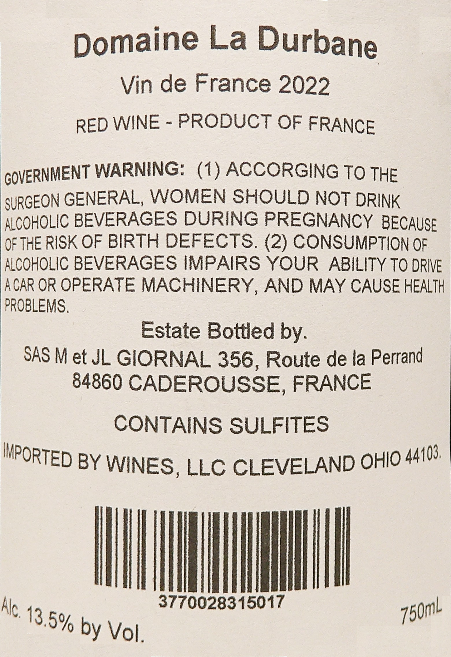 Hedoniste, Red, 2022 by Domaine La Durbane label