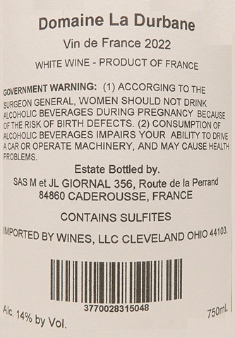 Hedoniste, White, 2022 by Domaine La Durbane label