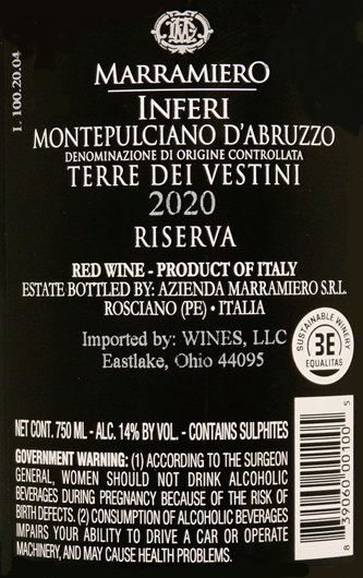 Inferi, 2020 Montepulciano d'Abruzzo Riserva by Marramiero, Abruzzo, Italy label