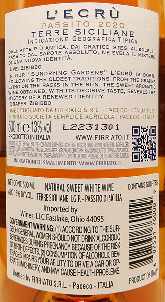 L'ECRÚ Passito IGT, 2020 Terre Siciliane Zibibbo by Firriato label