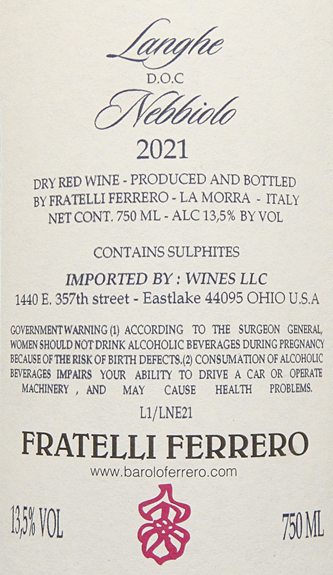 Langhe Nebbiolo, 2021, Ferrero winery label