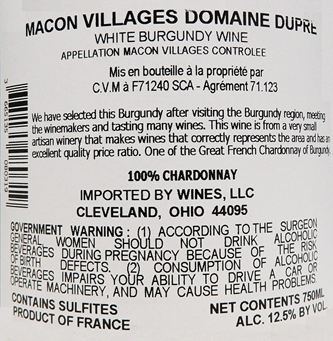 Macon Villages, 2022 by Domaine Dupre, Burgundy, France label
