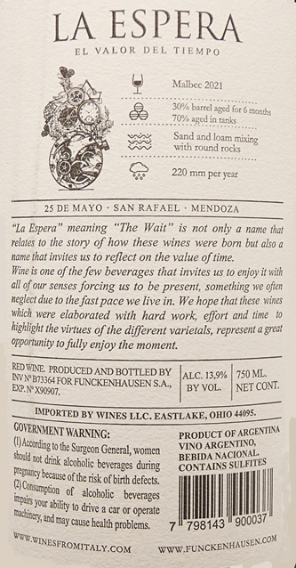 Malbec 2021, La Espera Mendoza Argentina label