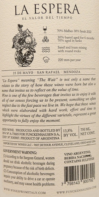 Malbec Syrah, 2022, La Espera Mendoza Argentina label