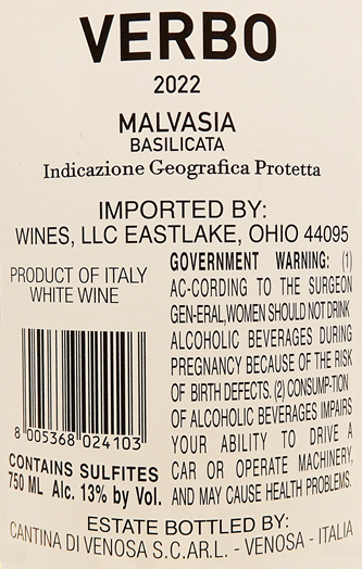 Malvasia Bianco, 2022 Verbo by Cantina di Venosa label