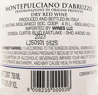Miglianico Montepulciano d'Abruzzo DOP 2023 label
