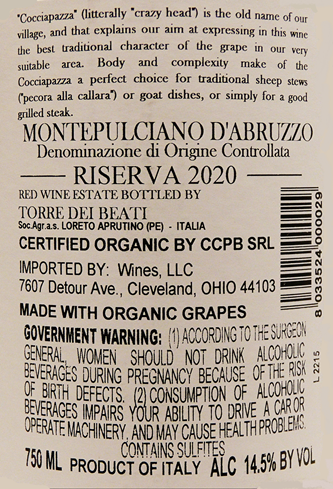 Montepulciano d' Abruzzo, 2020 Cocciapazza  by Torre dei Beati label