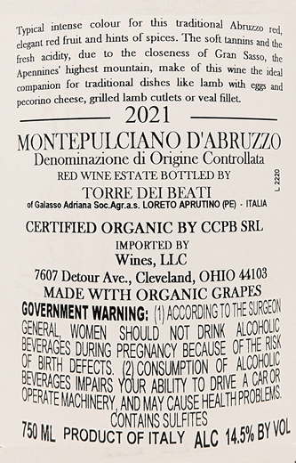 Montepulciano d' Abruzzo, 2021 by Torre dei Beati label