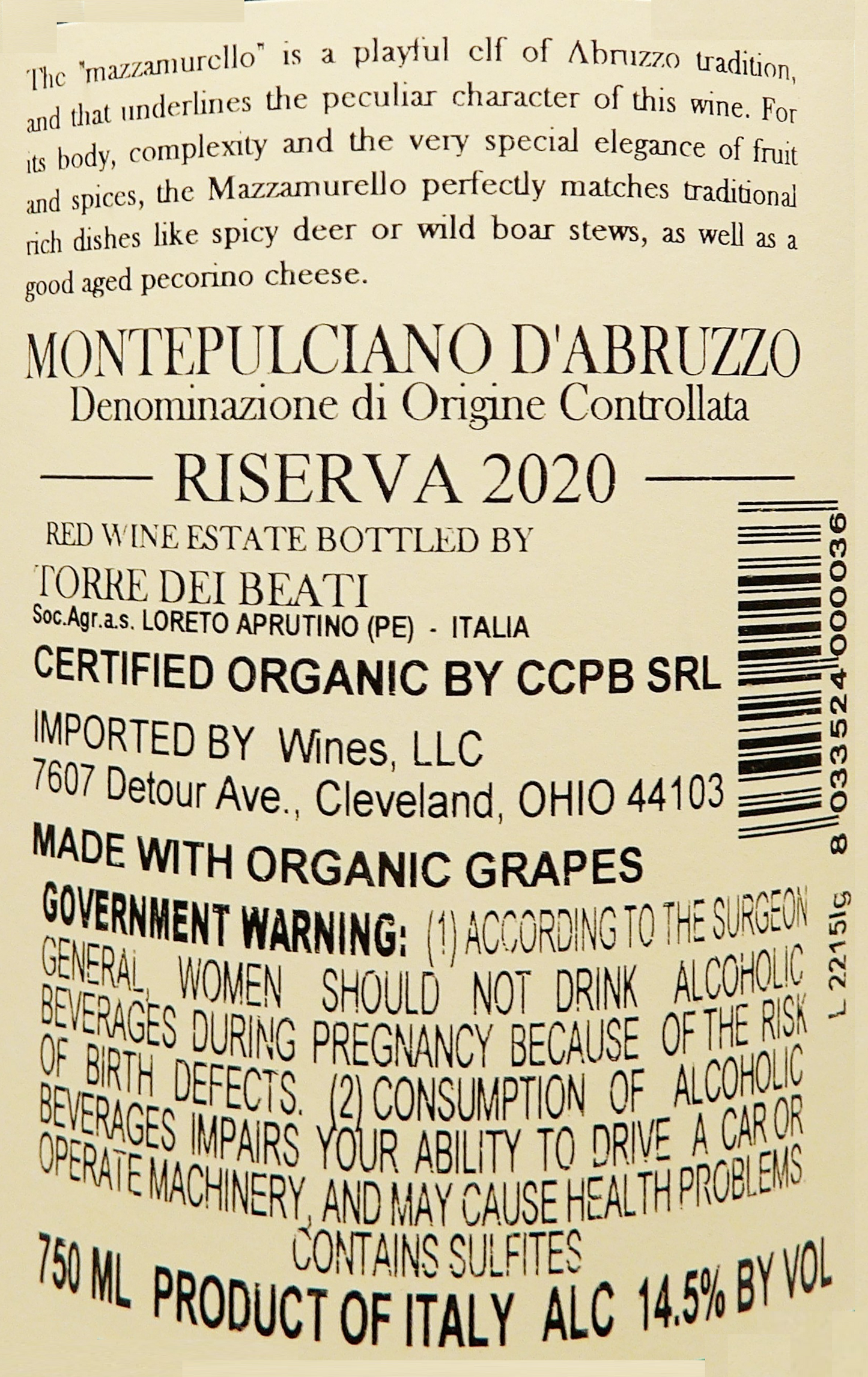 Montepulciano d' Abruzzo Riserva , 2020 Mazzamurello by Torre dei Beati label