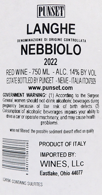 Nebbiolo 2022  DOCG Punset label